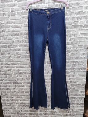 American Bazi High Rise Flare Dark Blue Split-Side Jeans, Womens M (8/10)